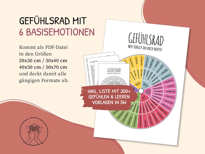 May include: A printed chart titled "GEF&Uuml;HLSRAD" with the text "WIE F&Uuml;HLST DU DICH HEUTE?" and a circular diagram of emotions. The chart includes a list of over 200 feelings and blank templates. Available in PDF format in sizes 20x30 cm, 30x40 cm, 40x50 cm, and 50x70 cm.