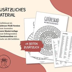 May include: A set of white paper printables with German text, including a feelings wheel and an emotions list. The wheel is labeled "Gef&uuml;hlsrad" and the list includes over 200 emotions. The background is a light beige.