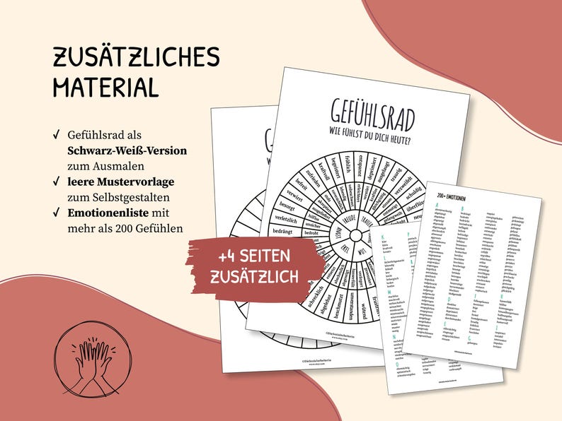 May include: A set of white paper printables with German text, including a feelings wheel and an emotions list. The wheel is labeled "Gef&uuml;hlsrad" and the list includes over 200 emotions. The background is a light beige.