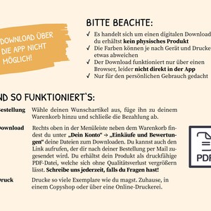 May include: A yellow and white graphic with the text "Download &uuml;ber die App nicht m&ouml;glich!" and "Bitte beachte:" followed by a list of bullet points. The bullet points explain that the product is a digital download, not a physical product, and that the colors may vary depending on the device and printer. The graphic also includes the text "UND SO FUNKTIONIERT'S:" followed by a list of steps for downloading and printing the product. The steps include ordering, downloading, and printing. The graphic also includes a PDF icon.