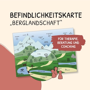 May include: A rectangular card titled BEFINDLICHKEITSKARTE BERGLANDSCHAFT featuring a mountain landscape illustration with various paths, symbols, and German text labels. Three small red wooden game pawns are placed in the foreground.