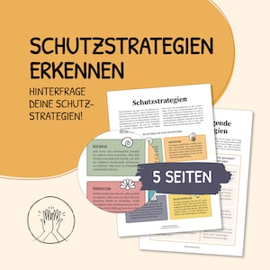 May include: A colorful worksheet with the title "Schutzstrategien Erkennen" (German for "Recognizing Protection Strategies"). The worksheet features a list of six protection strategies, including "Rückzug" (retreat), "Perfektion" (perfection), "Anpassung" (adaptation), "Selbsterhöhung" (self-enhancement), and "Ablenkung" (distraction). The worksheet also includes a graphic of a spiral and a hand clapping.