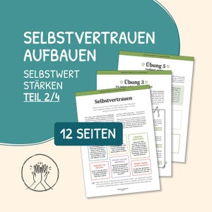 Könnte beinhalten: Ein Stapel bedruckter Arbeitsblätter mit dem Titel "SELBSTVERTRAUEN AUFBAUEN" und "SELBSTWERT STÄRKEN TEIL 2/4". Die Arbeitsblätter enthalten Text und Diagramme, mit den Worten "12 SEITEN" auf einem blauen Rechteck. Das Bild hat einen türkisfarbenen Hintergrund.