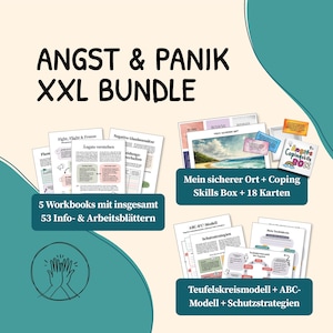 Könnte beinhalten: Ein Angst & Panik XXL Bundle mit fünf Workbooks mit insgesamt 53 Info- & Arbeitsblättern, einem Set für einen sicheren Ort mit Coping Skills Box und 18 Karten sowie Dokumenten zum ABC-Modell, Schutzstrategien und dem Teufelskreismodell.
