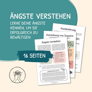 Könnte beinhalten: Ein Set aus Bildungsunterlagen mit den Titeln Ängste verstehen, Lerne deine Ängste kennen, um sie erfolgreich zu bewältigen und 16 Seiten. Die Seiten enthalten Texte zu Angst, Panikstörungen und Behandlungsmöglichkeiten sowie ein Handsymbol.