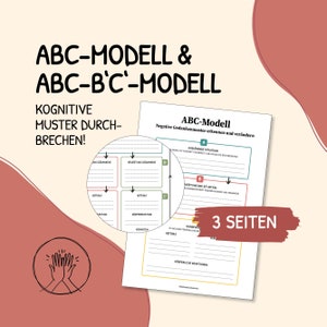 Può includere: Un foglio di lavoro stampabile con un diagramma intitolato "ABC-Modell" e "ABC-B'C'-Modell" per aiutare a identificare e modificare gli schemi di pensiero negativi. Il foglio di lavoro include sezioni per identificare la situazione scatenante, i pensieri, i sentimenti, le reazioni fisiche e i comportamenti. Il testo "3 Seiten" è visibile nell'angolo in basso a destra.
