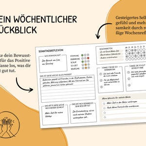 May include: A printable weekly reflection worksheet in black and white with the title "Dein W&ouml;chentlicher R&uuml;ckblick" (Your Weekly Review) and the text "Gesteigertes Selbstwertgef&uuml;hl und mehr Achtsamkeit durch regelm&auml;&szlig;ige Wochenreflexion" (Increased self-esteem and more mindfulness through regular weekly reflection). The worksheet includes sections for reflecting on the week, setting goals, and tracking habits.