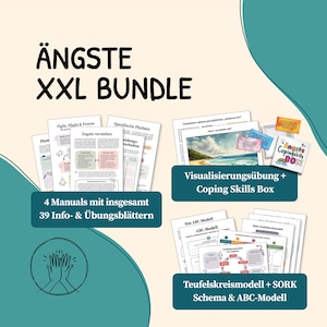 May include: A digital download bundle for managing anxiety. The bundle includes four manuals with 39 worksheets, a visualization exercise, a coping skills box, a Teufelskreismodell, a SORK schema, and an ABC model.