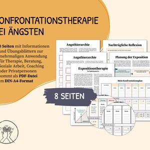 May include: An 8-page PDF guide to confrontation therapy for anxiety. The guide includes information, exercises, and worksheets for therapists, counselors, social workers, coaches, and individuals. The guide is in DIN-A4 format.