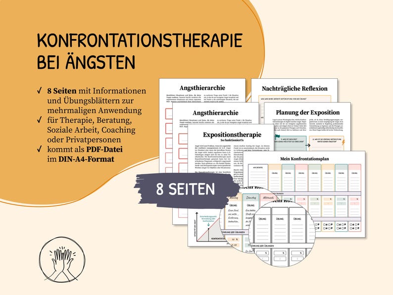 May include: An 8-page PDF guide to confrontation therapy for anxiety. The guide includes information, exercises, and worksheets for therapists, counselors, social workers, coaches, and individuals. The guide is in DIN-A4 format.
