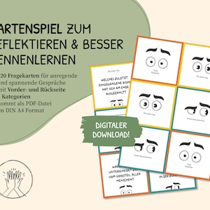 May include: A digital download for a card game designed to help people reflect and get to know each other better. The game includes 120 cards with questions on the front and illustrations on the back. The cards are divided into three categories. The game is available in a PDF format and is sized for standard A4 paper.