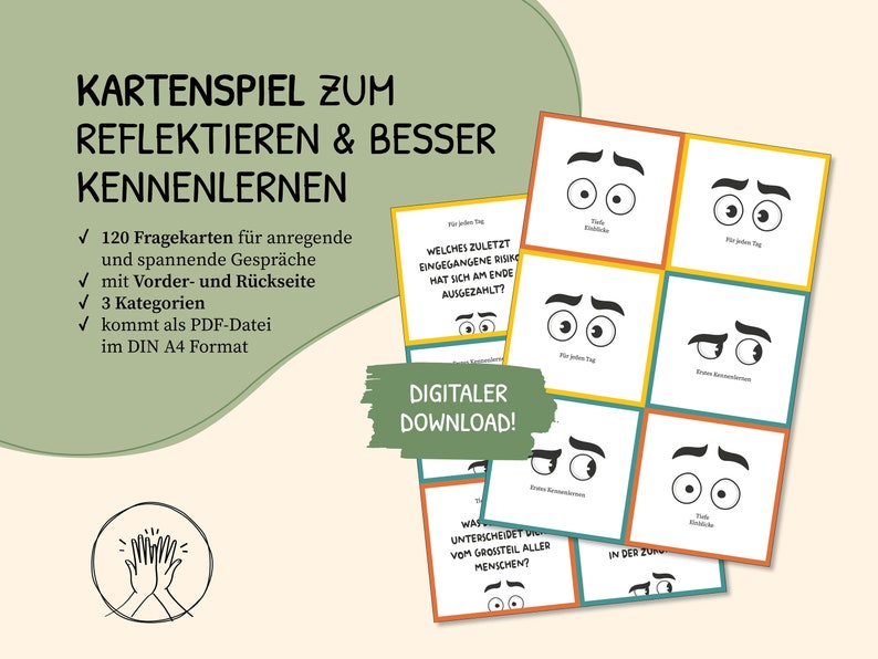 May include: A digital download for a card game designed to help people reflect and get to know each other better. The game includes 120 cards with questions on the front and illustrations on the back. The cards are divided into three categories. The game is available in a PDF format and is sized for standard A4 paper.