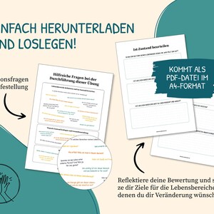 K&ouml;nnte beinhalten: Ein druckbares PDF-Arbeitsblatt im A4-Format mit dem Text "Ist-Zustand beurteilen" und "Kommt als PDF-Datei im A4-Format". Das Arbeitsblatt soll Benutzern helfen, &uuml;ber ihren aktuellen Zustand nachzudenken und Ziele f&uuml;r pers&ouml;nliches Wachstum zu setzen.