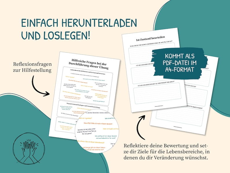 K&ouml;nnte beinhalten: Ein druckbares PDF-Arbeitsblatt im A4-Format mit dem Text "Ist-Zustand beurteilen" und "Kommt als PDF-Datei im A4-Format". Das Arbeitsblatt soll Benutzern helfen, &uuml;ber ihren aktuellen Zustand nachzudenken und Ziele f&uuml;r pers&ouml;nliches Wachstum zu setzen.