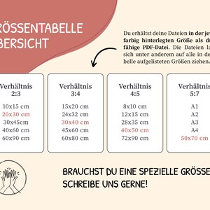 May include: A chart with size ratios and dimensions in centimeters. The chart includes ratios 2:3, 3:4, 4:5, and 5:7, with corresponding sizes like 10x15 cm, 20x30 cm, and 30x45 cm. Text at the top reads "GR&Ouml;SSENTABELLE &Uuml;BERSICHT".