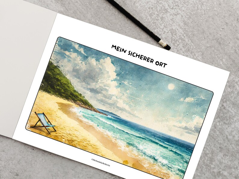 May include: A watercolor painting of a beach scene with a blue sky, white clouds, and a sandy beach with a blue lounge chair. The text "Mein Sicherer Ort" is written in black at the top of the image.
