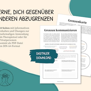May include: A digital download for a 10-page guide on setting boundaries. The guide includes exercises and information for personal growth and therapy. The cover features a green and white design with the text "LERNE, DICH GEGEN&Uuml;BER ANDEREN ABZUGRENZEN" and "DIGITALER DOWNLOAD".