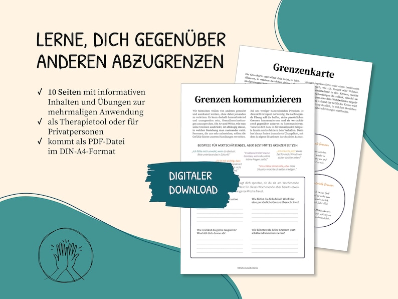 May include: A digital download for a 10-page guide on setting boundaries. The guide includes exercises and information for personal growth and therapy. The cover features a green and white design with the text "LERNE, DICH GEGEN&Uuml;BER ANDEREN ABZUGRENZEN" and "DIGITALER DOWNLOAD".