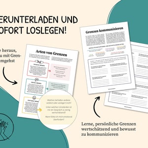 May include: A printable worksheet with the title "Arten von Grenzen" (Types of Boundaries) and the text "Welches Verhalten anderer verletzt oder ver&auml;ngert mich?" (What behavior of others hurts or scares me?)  The worksheet is part of a guide to help people learn how to communicate their personal boundaries.
