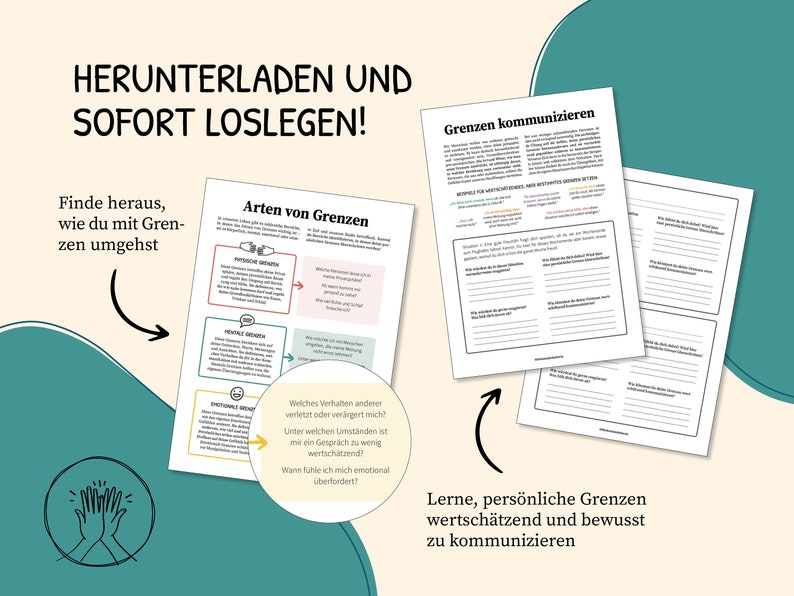 May include: A printable worksheet with the title "Arten von Grenzen" (Types of Boundaries) and the text "Welches Verhalten anderer verletzt oder ver&auml;ngert mich?" (What behavior of others hurts or scares me?)  The worksheet is part of a guide to help people learn how to communicate their personal boundaries.