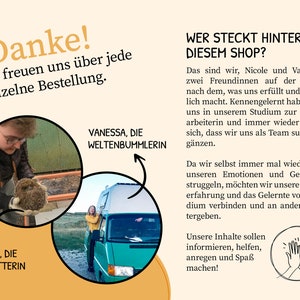 May include: Two women, Nicole and Vanessa, stand in front of circles with their names and descriptions. Nicole is holding a hedgehog and Vanessa is standing next to a green van. The text reads "Danke! Wir freuen uns &uuml;ber jede einzelne Bestellung. Wer steckt hinter diesem Shop?" and describes the women's work and how they complement each other. The text also states that their content is meant to inform, help, inspire, and bring joy.