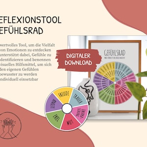 May include: An image featuring a colorful emotion wheel and a framed chart labeled "Gef&uuml;hlsrad". The image includes the text "Digital Download" and a smaller emotion wheel with words like "Joy" and "Anger". A decorative vase and plant are also visible.