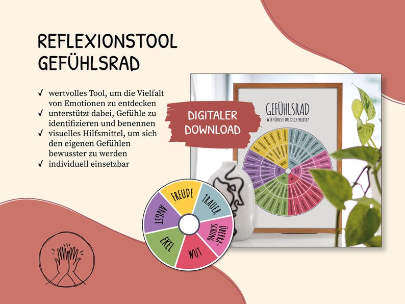 May include: An image featuring a colorful emotion wheel and a framed chart labeled "Gef&uuml;hlsrad". The image includes the text "Digital Download" and a smaller emotion wheel with words like "Joy" and "Anger". A decorative vase and plant are also visible.