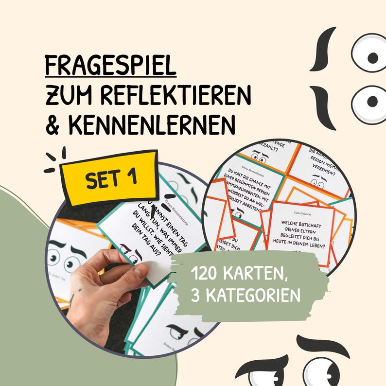 May include: A set of 120 cards for a game called "Fragespiel zum Reflektieren & Kennenlernen" (Question Game for Reflection & Getting to Know Each Other). The cards are divided into three categories and feature colorful illustrations of faces with different expressions. The text on the cards is in German.
