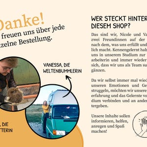 May include: Two women, Nicole and Vanessa, stand in front of a green van and a wooden fence. Nicole is holding a hedgehog. Vanessa is standing in front of the van. The text "Wer steckt hinter diesem Shop?" is at the top of the image. The text "Danke! Wir freuen uns &uuml;ber jede einzelne Bestellung." is at the top left of the image. The text "Nicole, die Igelretterin" is at the bottom left of the image. The text "Vanessa, die Weltenbummlerin" is at the top right of the image.