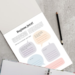 May include: A printable worksheet with the text "Beginne Jetzt!" and four speech bubbles with lines for writing. The speech bubbles are in different colors: orange, purple, blue, and pink.