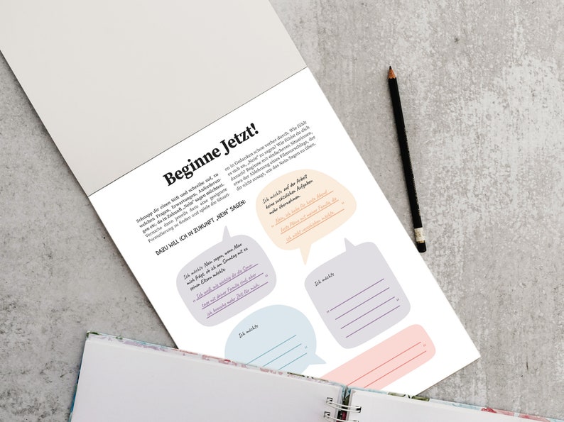May include: A printable worksheet with the text "Beginne Jetzt!" and four speech bubbles with lines for writing. The speech bubbles are in different colors: orange, purple, blue, and pink.