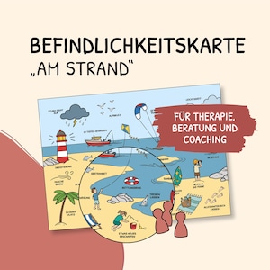 Puede incluir: Una tarjeta rectangular titulada BEFINDLICHKEITSKARTE AM STRAND con una colorida ilustración de playa que muestra un faro, un barco, una cometa y varias figuras. Un texto rojo superpuesto dice FÜR THERAPIE, BERATUNG UND COACHING. Incluye tres peones rojos.