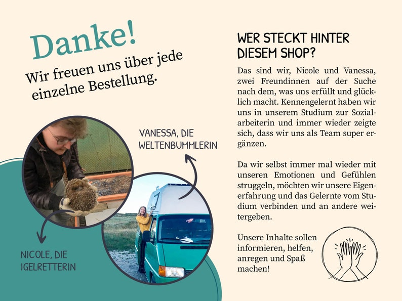 K&ouml;nnte beinhalten: Zwei Frauen, Nicole und Vanessa, stehen vor Kreisen mit Text, der "Nicole, die Igelretterin" und "Vanessa, die Weltenbummlerin" sagt. Der Text unter den Kreisen lautet "Wer steckt hinter diesem Shop?" und "Wir freuen uns &uuml;ber jede einzelne Bestellung."