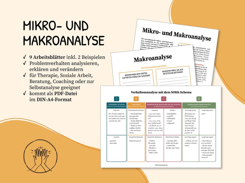 May include: A set of nine worksheets for analyzing and changing problem behavior. The worksheets are designed for use in therapy, social work, counseling, coaching, or self-analysis. The worksheets are in PDF format and are A4 size.