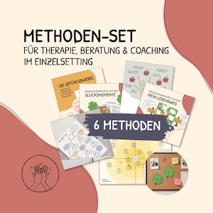 Op de afbeelding: Een set van zes methodekaarten voor therapie, counseling en coaching met de tekst "METHODEN-SET FÜR THERAPIE, BERATUNG & COACHING IM EINZELSETTING" en "6 METHODEN". De kaarten tonen diverse diagrammen, waaronder "DIE GEFÜHLSZWIEBEL" en "MEIN LEBENSWEG".