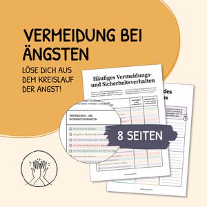 May include: A pink and white worksheet titled "Vermeidung bei Ängsten" with the text "Löse dich aus dem Kreislauf der Angst!" and "Häufiges Vermeidungs- und Sicherheitsverhalten". The worksheet has a checklist titled "Vermeidungs- und Sicherheitsverhalten" and a table with the headings "Häufigkeit" and "Wirksamkeit". The worksheet also has the text "8 Seiten".