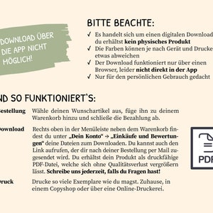 May include: A green and white graphic with the text "Download &uuml;ber die App nicht m&ouml;glich!"  The text "Bitte beachte" is in black and is followed by a list of four bullet points with check marks. The text "Und so funktioniert's" is in black and is followed by a list of three numbered steps. The text "PDF" is in a white rectangle with a black border. The text is in German.
