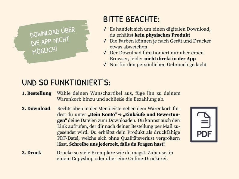 May include: A green and white graphic with the text "Download &uuml;ber die App nicht m&ouml;glich!"  The text "Bitte beachte" is in black and is followed by a list of four bullet points with check marks. The text "Und so funktioniert's" is in black and is followed by a list of three numbered steps. The text "PDF" is in a white rectangle with a black border. The text is in German.