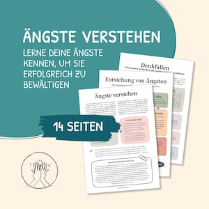 Op de afbeelding: Een geïllustreerde gids voor het begrijpen en overwinnen van angst. De gids heeft de titel "Ängste Verstehen" en de tekst "Lernen deine Ängste kennen, um sie erfolgreich zu bewältigen." De gids bevat ook de tekst "14 Seiten" en een afbeelding van twee handen die elkaar een high five geven.