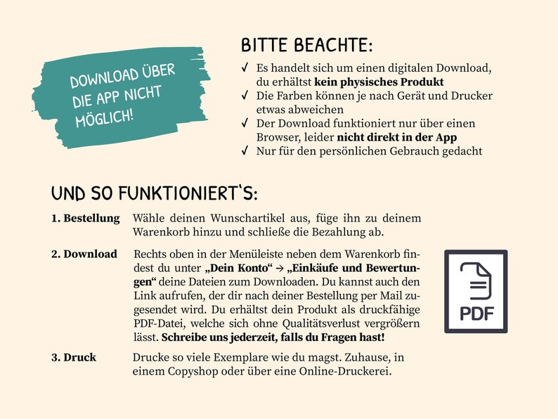 K&ouml;nnte beinhalten: Eine Anleitung zum digitalen Download mit dem Text "Download &uuml;ber die App nicht m&ouml;glich!" in einer gr&uuml;nen Sprechblase. Die Anleitung erkl&auml;rt, wie man ein digitales Produkt nach dem Kauf online herunterl&auml;dt. Die Anleitung enth&auml;lt auch ein PDF-Symbol.