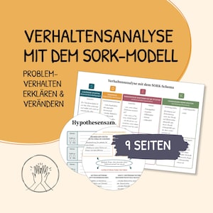 Puede incluir: Un gráfico colorido titulado "Verhaltensanalyse mit dem SORK-Schema" con el texto "9 Seiten" en un cuadro gris. El gráfico está dividido en cuatro secciones etiquetadas "S", "O", "R" y "K". Cada sección contiene una lista de viñetas. El gráfico está rodeado por un borde blanco.