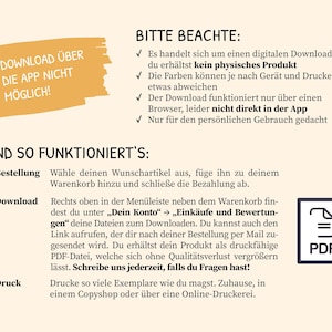 May include: A yellow and white graphic with the text "Download &uuml;ber die App nicht m&ouml;glich!" and "Bitte beachte:" followed by a list of bullet points. The bullet points explain that the product is a digital download, not a physical product, and that the colors may vary depending on the device and printer. The graphic also includes the text "Und so funktioniert's:" followed by a list of steps for downloading and printing the product. The steps include ordering, downloading, and printing. The graphic also includes a PDF icon.