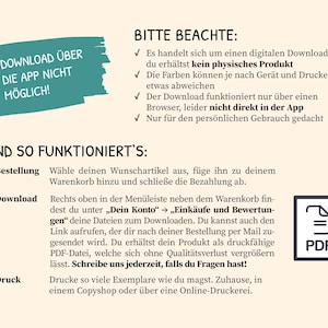 May include: A digital download information sheet with text in German. The teal banner states "DOWNLOAD &Uuml;BER DIE APP NICHT M&Ouml;GLICH!" Instructions include how to download and print a PDF file. A PDF icon is in the lower right corner.