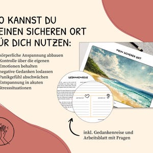 May include: A printable worksheet with a beach scene and the text "Mein Sicherer Ort" (My Safe Place) in German. The worksheet includes a section for "Gedankenreise" (Thought Journey) and a section for questions.