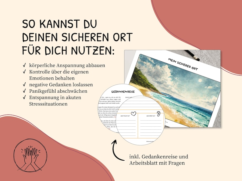 May include: A printable worksheet with a beach scene and the text "Mein Sicherer Ort" (My Safe Place) in German. The worksheet includes a section for "Gedankenreise" (Thought Journey) and a section for questions.