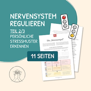 Könnte beinhalten: Ein 11-seitiges Dokument mit dem Titel Nervensystem regulieren Teil 2/3 persönliche Stressmuster erkennen. Die Seiten enthalten eine Ampelgrafik, eine Stressampel-Tabelle und deutschen Text. Ein kreisförmiges Symbol zeigt zwei Hände.
