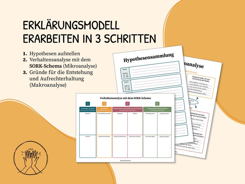 May include: A worksheet with instructions on how to develop an explanatory model in three steps. The steps are: 1. Formulate hypotheses, 2. Conduct a behavioral analysis using the SORK schema (microanalysis), and 3. Identify the reasons for the emergence and maintenance of the behavior (macroanalysis).