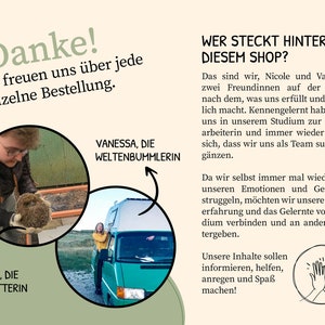 May include: Two women, Nicole and Vanessa, stand in front of a green van and hold a hedgehog. The text "Wer steckt hinter diesem Shop?" is written in black on a light beige background. The text reads "We are Nicole and Vanessa, two friends on a quest to find what fulfills and makes us happy. We met while studying to become social workers and have always complemented each other as a team. Since we often struggle with our emotions and feelings, we want to share our experiences and knowledge from our studies with others."