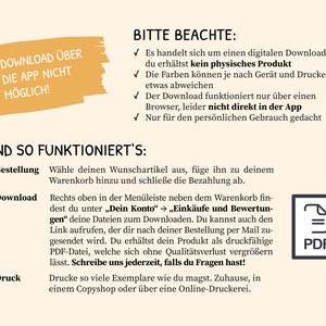 May include: A digital download instruction guide with the text "Download &uuml;ber die App nicht m&ouml;glich!" in a yellow speech bubble. The guide explains how to download a digital product, including instructions for ordering, downloading, and printing.
