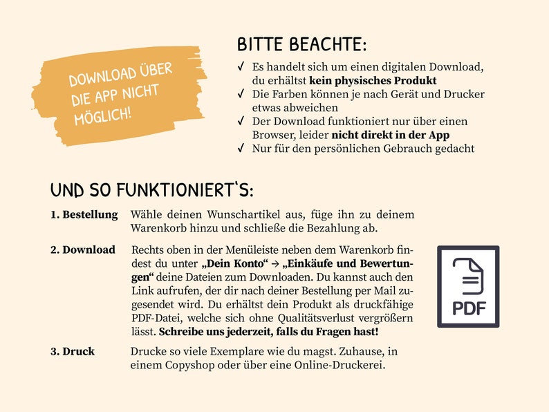 May include: A digital download instruction guide with the text "Download &uuml;ber die App nicht m&ouml;glich!" in a yellow speech bubble. The guide explains how to download a digital product, including instructions for ordering, downloading, and printing.